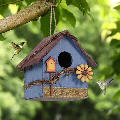 AHUONEL Hanging Bird Houses for Outside Decorative Birdhouse, Garden Bird Feeders for Outdoors, Blue Wooden Bird Nest Box for Wren Finchs Hummingbird Cardinal Bluebird Wild Birds, Gift for Bird Lovers