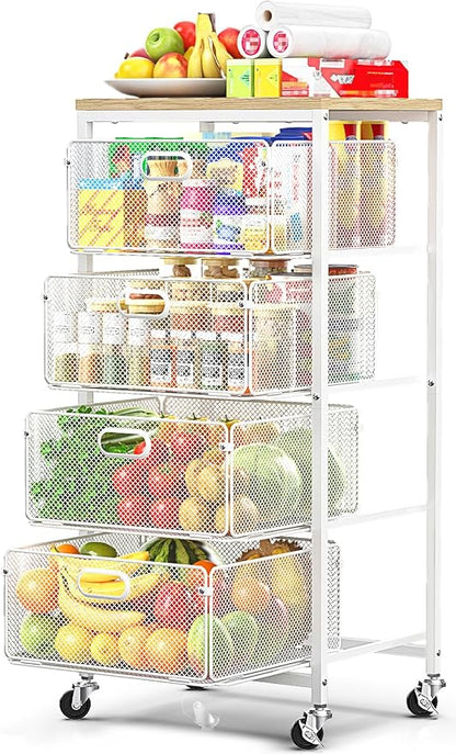 SUNALLY Rolling Kitchen Cart with Drawers, 4-Tier Utility Cart Fruit Vegetable Storage Cart with Lockable Wheels, Wooden Top Metal Kitchen Storage Organizer for Cans, Snacks, Beauty, Craft, Art, White