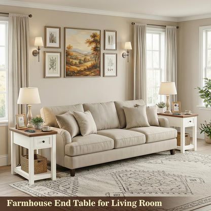 Narrow End Table with Charging Station - Farmhouse Side Table with Drawer, 14" Wide Wood Nightstand Slim Couch Bedside Table for Living Room Bedroom Small Spaces, 2-Tone Antique White & Brown