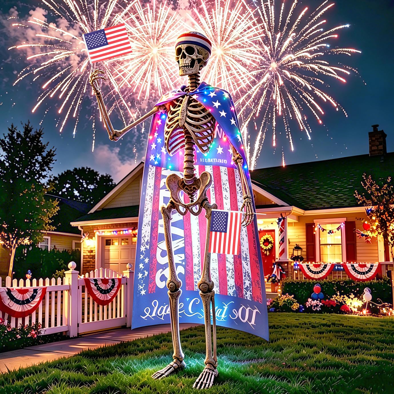MUDEREK Light Up American Flag Cape for 12 ft Skeleton – Patriotic Independence Day Accessories, LED 250th Anniversary Giant Skeleton Costume Cloth for 4th of July Outdoor Decorations