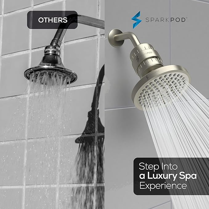 SparkPod 23-Stage Filtered Shower Head, 6" Round, Brushed Nickel | Filtered Shower Head for Hard Water Filter, High Pressure, Reduces Chlorine, Heavy Metals, For Dry Skin & Hair