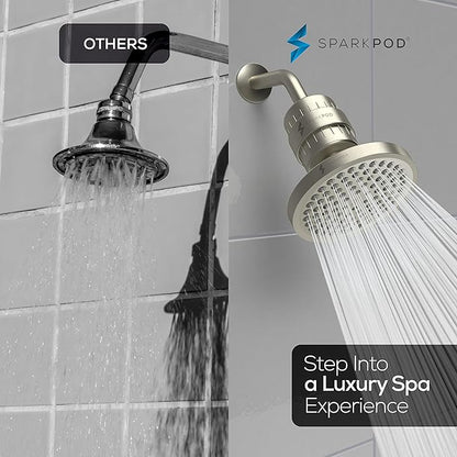 SparkPod 23-Stage Filtered Shower Head, 6" Round, Brushed Nickel | Filtered Shower Head for Hard Water Filter, High Pressure, Reduces Chlorine, Heavy Metals, For Dry Skin & Hair