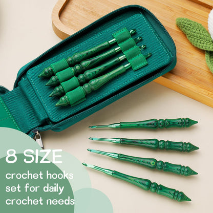BALDCC Wooden Crochet Hooks 8 Sizes, Ergonomic Crochet Hooks Set for Arthritic Hands 3mm-7mm, Aluminum Crochet Hook Hand Polished Handle with Storage Bag for Crocheting and Knitting (Green Bag)