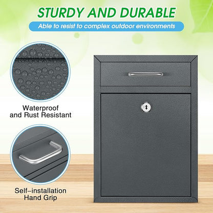 Yaocom Locking Mailbox with Key for Outdoor 12.2 x 8.5 x 3 Inches Large Wall Mount Mail Box with Lock Security Mail Drop Metal Collection Boxes Hanging Secure Postbox(Dark Gray)
