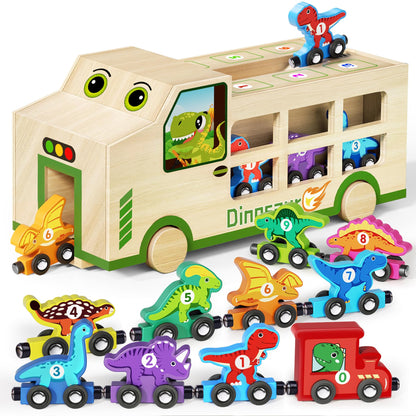 GJZZ Wooden Dinosaur Truck & 10 Magnetic Wooden Dinosaur Train Set