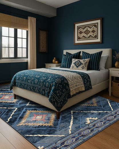 BESTSWEETIE Area Rug 5x7 Rug Machine Washable Non-Slip Low Pile Print Pattern Western Rug for Living Room Bedroom Entryway Tribal Series -Darkblue