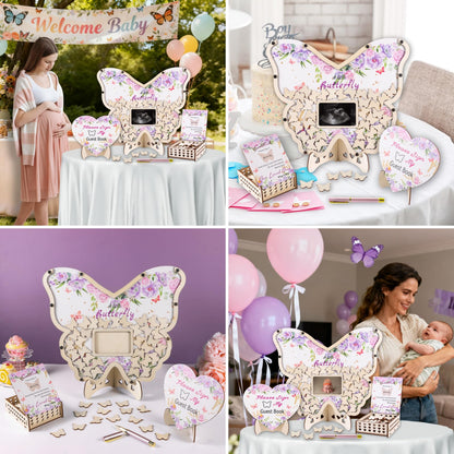 66pcs Butterfly Baby Shower Guest Book Alternative Wooden Guest Sign in Butterfly with Sonogram Photo Frame Butterfly Floral Guestbook Pregancy Keepsake Gender Reveal 1st Birthday Party Decorations