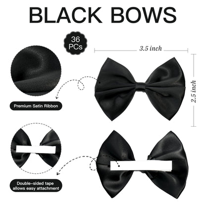 LIZLOVESS Black Self Adhesive Satin Ribbon Bows for Gift Wrapping 3.5 Inch Premade Black Stick on Bows for Crafts, Wedding Decor, Birthday Party Decoration, Baby Shower, Treat Bags (36 Pack)