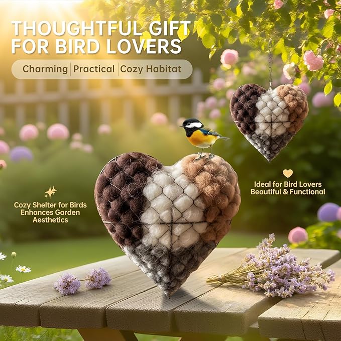 Handmade Alpaca Fiber Bird Nesting Heart, Refillable Nesting Material Accessory for Wild Birds, Outdoor Garden Decoration, Gift for Bird & Nature Lovers, Hummingbird Nesting Material (3 set)