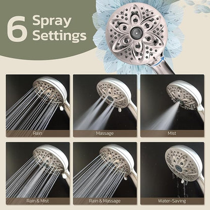 JDO Shower Head with Handheld, High Pressure Handheld Shower Head 6 Settings, Detachable Set with Stainless Steel Hose and Shower Bracket (Brushed Nickel)