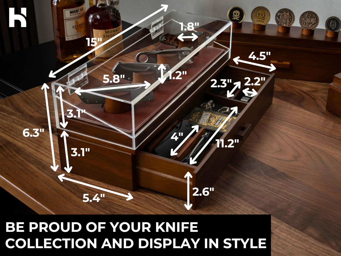 Premium Pocket Knife Display Case for 10 Knives - Wooden Knife Organizer, Storage & Holder with Unique Pillars, Hinged Cover, Drawer - Knife Collection Box - Handcrafted Father's Day Present for Men