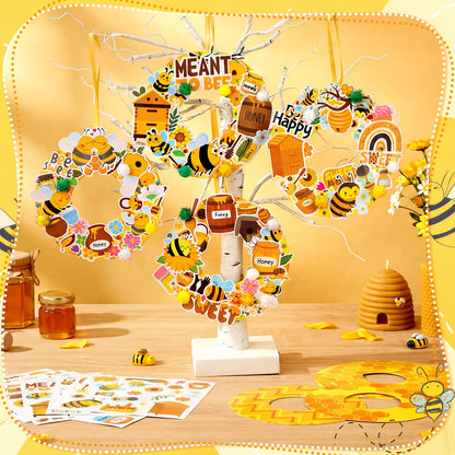 Hollowfly 48 Sets Bee Wreath Crafts Kits DIY Honey Bee Wreath Hanging Ornaments Make Your Own Paper Honeybee Craft with Sunflower Honey Flower Stickers for Summer Home Party Favors Activities