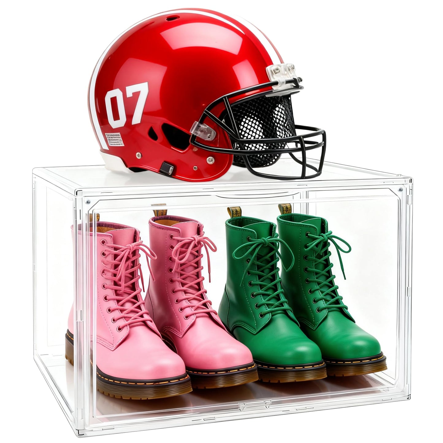 5 Pack XXX-Large Super Large Acrylic Display Case Figures Collectibles Helmet Showcase Boot & Shoe Boxes Clear Stackable Plastic Storage Bins Organizer with Magnetic Lid, 5 Pack with 2 Shoe Bags