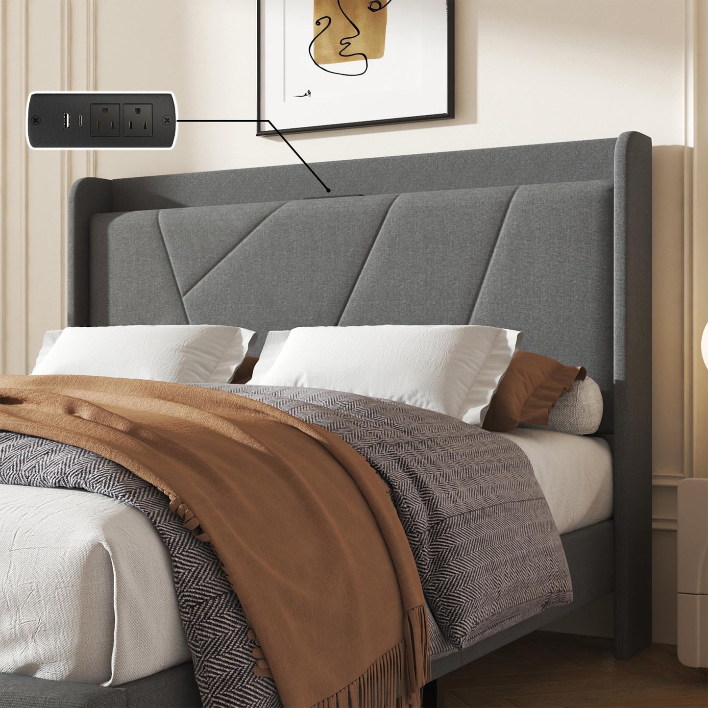 Queen Size Linen Bed Frame, Storage Headboard with Charging Station, Upholstered Platform Bed with Wooden Slats Support, Solid and Stable, Noise Free, No Box Spring Needed, Easy Assembly, Gray