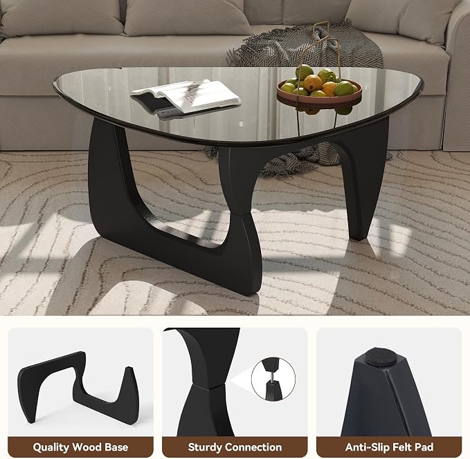 Modern Glass Coffee Table, Triangle Center Table with Tempered Glass Top& Unique Wooden Base, 31.5” Mid Century Tea Tables for Living Room, Apartment, Office,Black & Grey