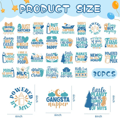 Dazoratix Baby Heat Transfer Stickers - 30 Sheets Ready to Press Blue Iron on Transfers Designs Decals Onesie Decorating Kit for Boys Shower Gender Reveal Party Bodysuit T-Shirts Clothing DIY Applique