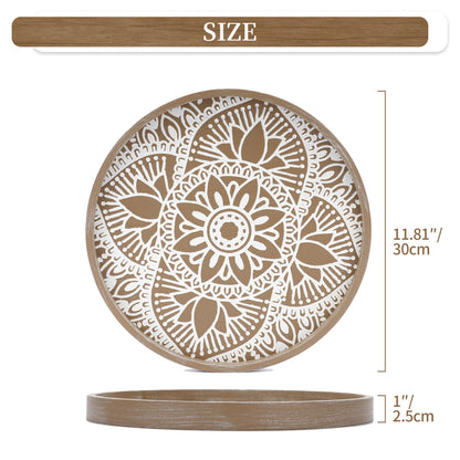 Hanobe Round Decorative Tray for Table: Boho Coffee Table Trays for Home Decor - Mid Century Farmhouse Circle Wood Serving Rustic Bohemian for Kitchen Counter Women