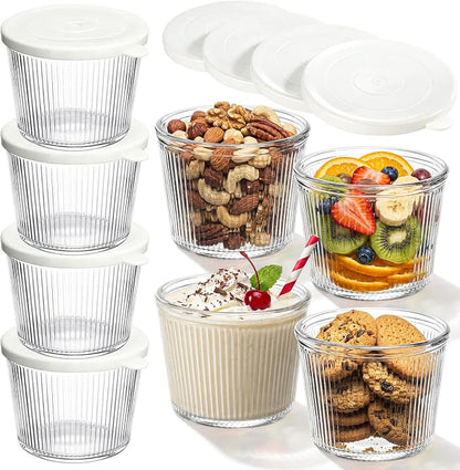 4 Sets Small Glass Bowls with Lids 6.8oz Ribbed Clear Glass Containers Stackable Dessert Custard Pudding Cups Condiment Bowls for Sauces Dips Nuts Oats Candy Dessert Cereal