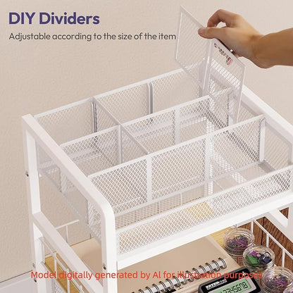 SWTYMIKI Rolling Cart with Drawers - Metal Craft Cart with Wheels, DIY Divider and Wood Shelf, Art Supply Organizer Craft Organizer and Storage, Utility Storage Cart for Home Office Studio, White