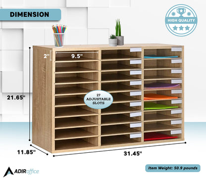 AdirOffice Classroom Mailbox - Wooden Literature Organizer, Construction Paper Storage Organizer, Mail Sorter with Slots, Office Mailboxes with Removable Shelf (27 Slot, Oak)