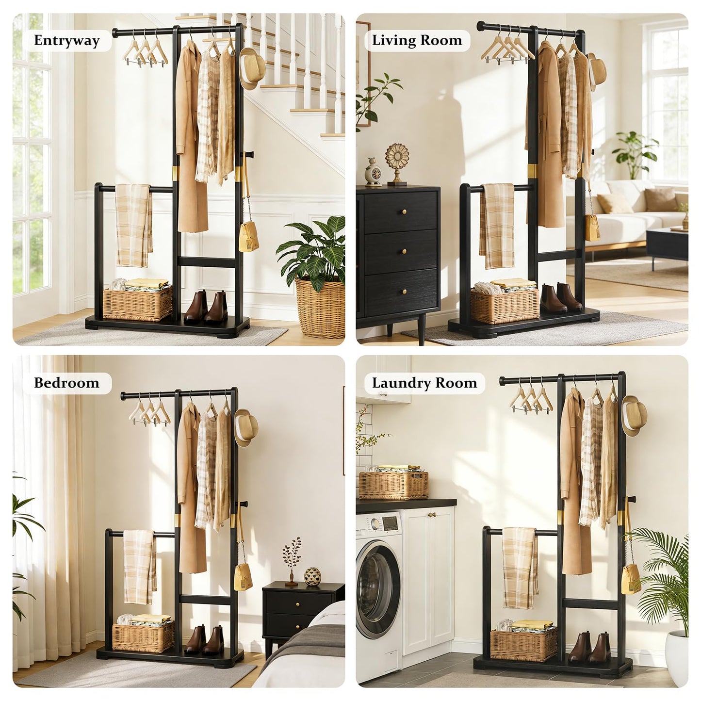 Wamhom Solid Wood Coat Rack, Freestanding Standing Clothes Rack with Double Hanging Rods for Coats, Jackets, Wooden Coat Tree Garment Rack for Bedroom Entryway Hallway, Space Saving Small Coat Rack