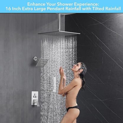 VANFOXLE Shower Faucet Set Brushed Nickel Shower System, Push Button Diverter Shower Faucet with Trim Kit, Ceiling Mount 16 Inch Shower Head Increased Thick, 6 Inch Side Shower Head, 2-in-1 Handheld