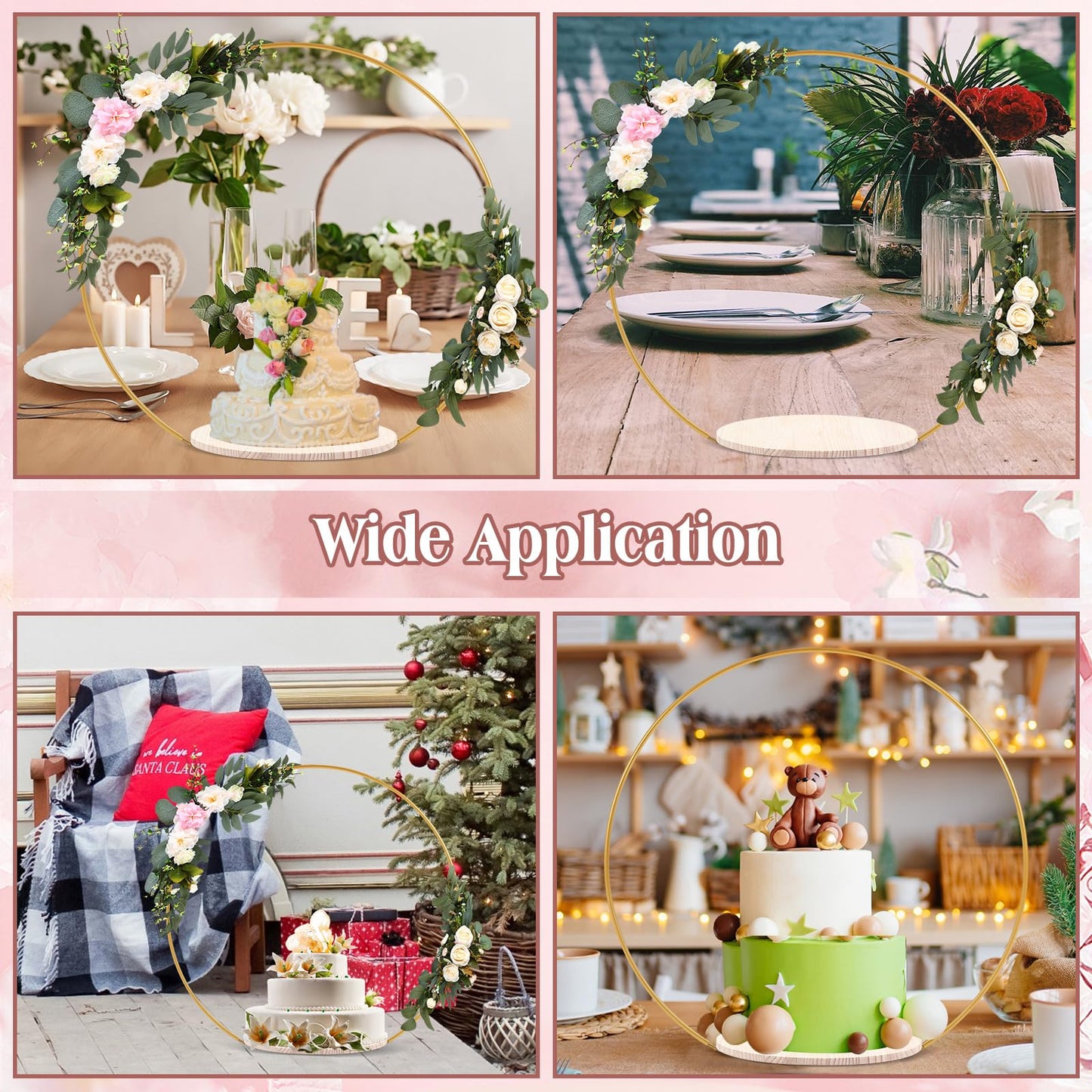 Norme 33.5 Tall Wedding Arch Cake Stand Round Metal Cake Stand for Wedding Reception Hoop Decoration with Wooden Base Floral Decoration Display for Party Events Reception Supplies