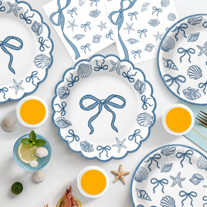 Seashell Party Decorations Ocean Sea shell Party Plates Supplies Blue Bow Seashell Paper Plates Napkins Tablecloth for The Summer I Turned Pretty Party Decorations, Serves 24