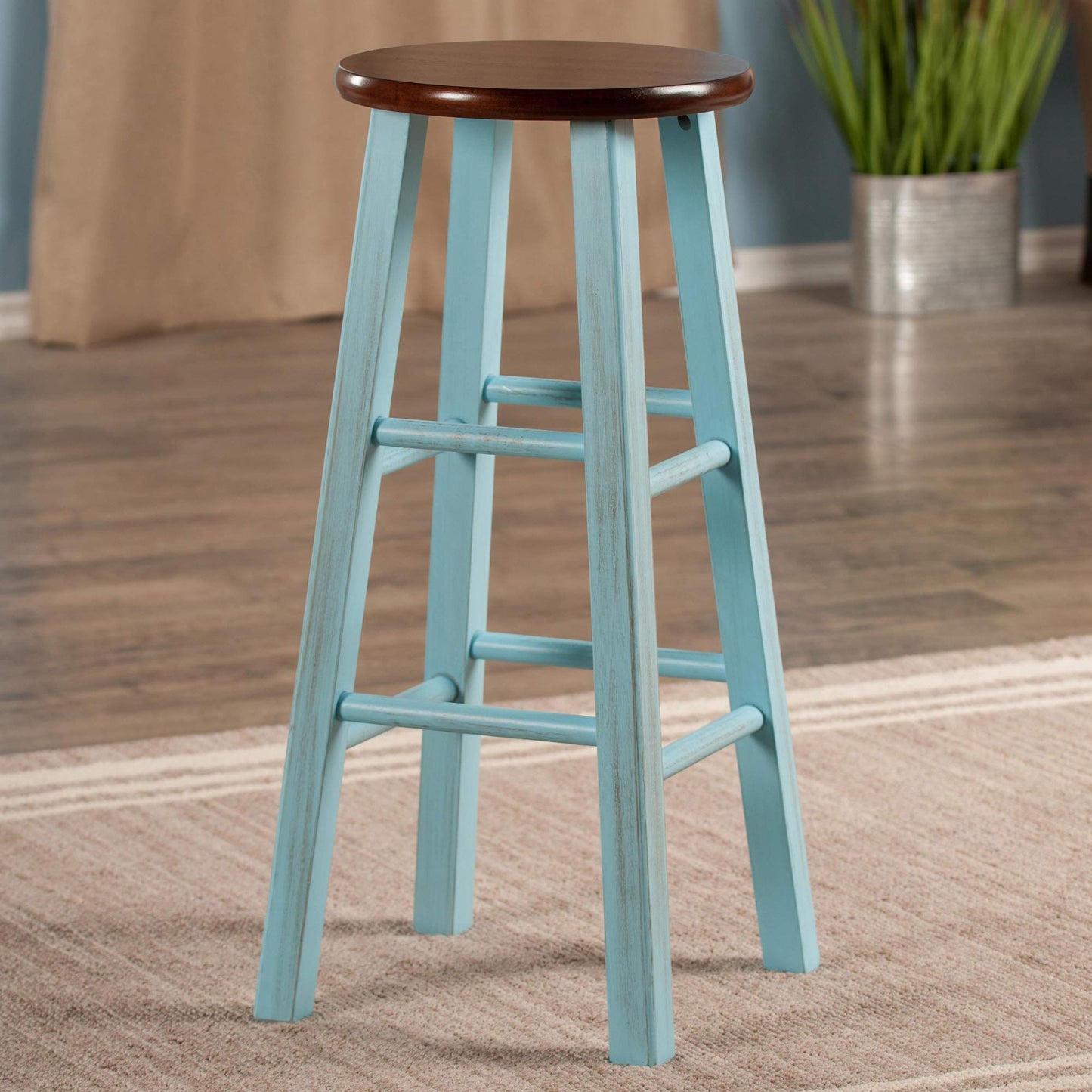 Winsome Ivy Square Leg Counter Stool, 29" in Rustic Light Blue and Walnut Classic Backless Bar Chairs for Kitchen & Dining Room Seating, Timeless Essential Furniture for Home, Dorm, Apartments