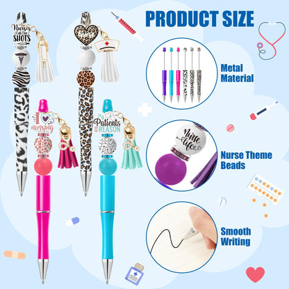 COcnny Nurse Beadable Pens for Women - 12 Set Nursing DIY Ballpoint Craft Making Kit with Bead Craft, Leopard Beaded Pen Bulk Charm Tassel Supplies for Nurse Week Hospital Appreciation Gift