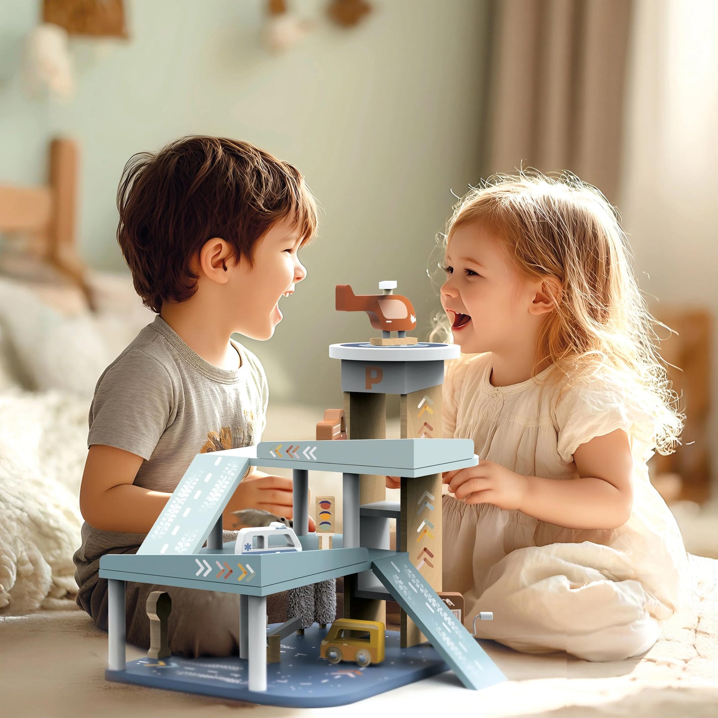 SPEEDY MONKEY Wooden Garage Playset for Kids 36m+ | Imagivative Roleplay Multi-Level Parking Garage Toy with Ramp, Car Track, Elevator, 3 Mini Cars & Helicopter | Pretend Play Set for Boys & Girls