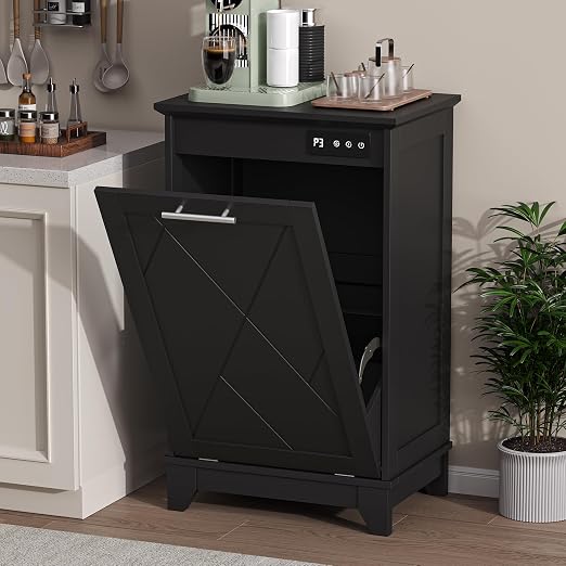 Single Tilt Out Trash Can Cabinet with Negative Ion Odor Control, Hidden 10-Gallon Recycling Cabinet, Dog Proof Garbage Can for Kitchen, Laundry, Dining Room, Black
