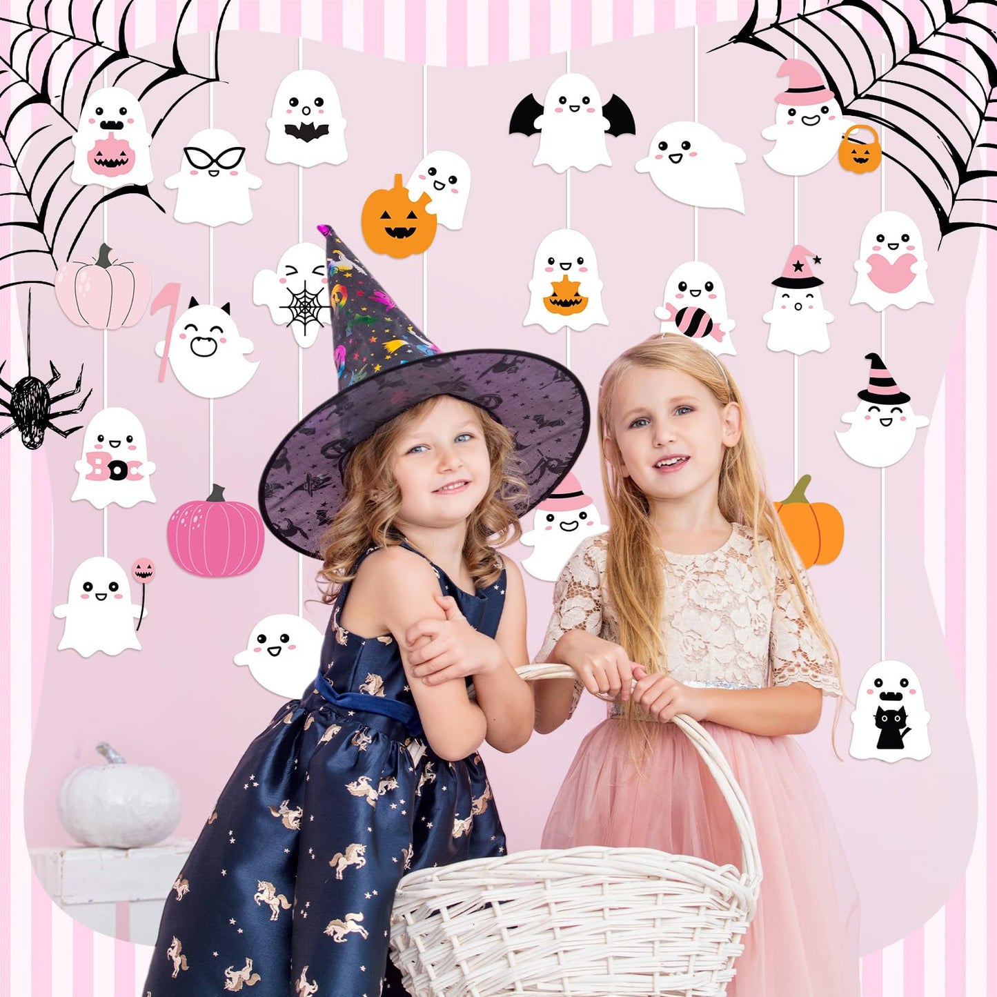 Seajan 200 Pcs Halloween Ghost Cutouts Cute Pink Ghost Pumpkin Paper Cut-Outs Halloween Bulletin Board Decor with 400 Glue Points Pink Pastel Decorations for Home DIY Art Craft Wall Party