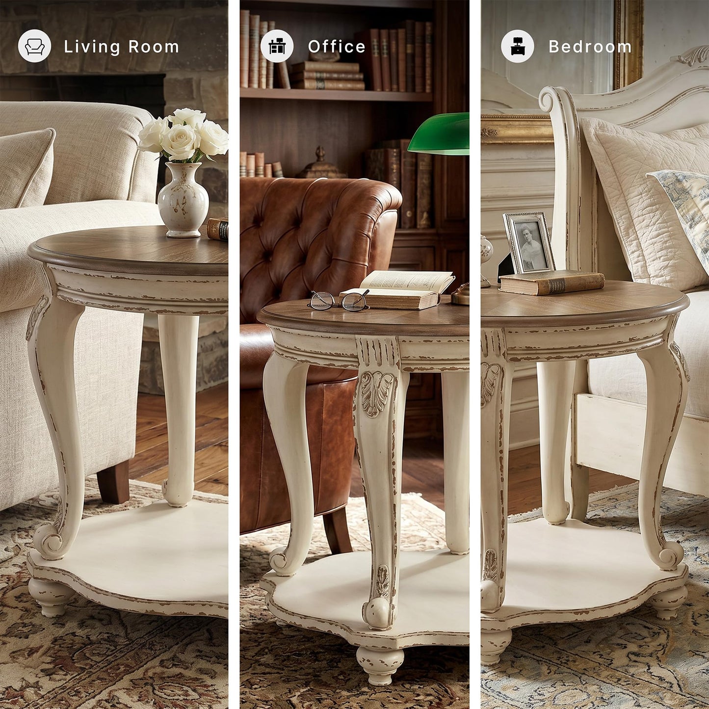 Signature Design by Ashley Realyn Round End Table, Cottage-Style Side Table with Antiqued Two-Tone Finish, Wood & Veneer Construction for Living Room or Bedroom, White/Brown