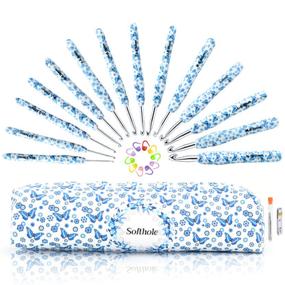 Ksheria Crochet Hooks Set with Case 14 Size Blue Butterfly Flower Pattern for Arthritis Hands, 2.25mm(B)-10mm(N) Crochet Needles for Beginners Christmas Gift New Year's Presents Crochet Lovers