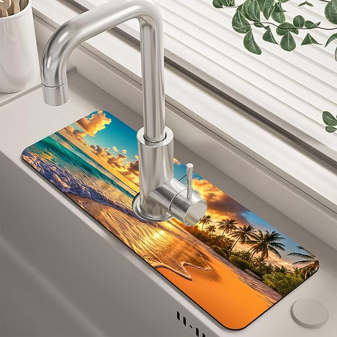 Sunset Beach Waves Palm Trees Kitchen Sink Splash Guard Faucet Mat Super
