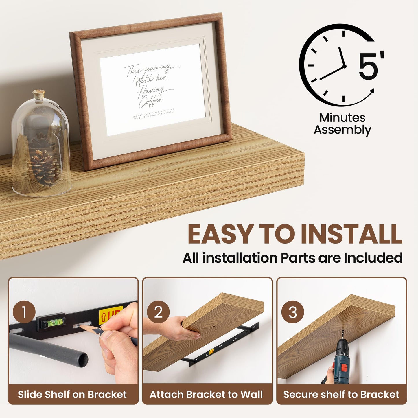 Acovy 40 Inch Floating Shelves for Wall 2 Pack, 40" Wall Shelves for Books, Storage, Decor, Wall Mounted Floating Shelf with Invisible Brackets for Kitchen, Living Room, Light Brown
