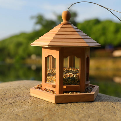 Liawm Wooden Bird Feeder for Outdoors Hanging, Red Cedar Hexagon Shaped Large Capacity, Cardinal Birdfeeder for Garden Decoration Yard, Weatherproof and Durable(Medium)