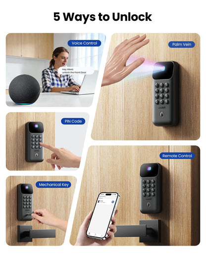 Lockin Veno Go Smart Deadbolt Lock with Dual Swappable Batteries for 14-Month Extended Power, Palm Vein Recognition, ANSI Grade 3, WiFi, Matter, 5 Unlock Methods, IP53 Waterproof
