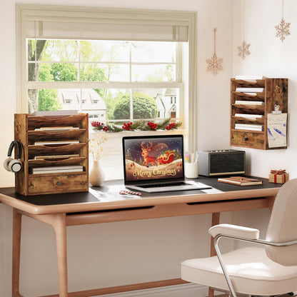HOOBRO Wall File Organizer, Mail Organizer Wall Mounted, Wooden Literature Organizer, Construction Paper Organizer with Drawer Storage and 2 Hooks, for Office, Classroom, Home, Rustic Brown FG14WF01
