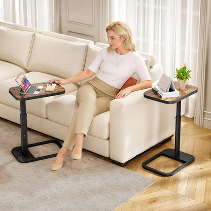 Kitstorack Adjustable Height C-Shaped End Table, 9-Level Side Table with Metal Rounded Edge, Couch Table that Slides Under Sofa or Bed for Eating, Working, and Drinks, TV Tray for Small Spaces, Brown
