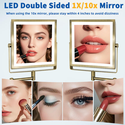 Ruacq Rechargeable Wall Mounted Makeup Mirror with Lights, Double Sided 1X/10X Magnifying Vanity Mirror with 3 Color Lighting, Touch Screen Dimmable, 360° Rotation Extension Foldable Arm(Matte Black)