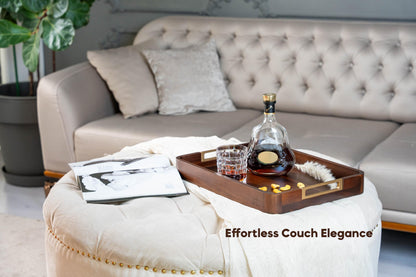 SARA NEST Premium Acacia Wooden Decorative Serving Tray with Gold-Tone Aluminum Handles, Versatile Serving Tray for Ottoman, Coffee Table, Living Room, Kitchen, Designed for Organizing & Home Decor