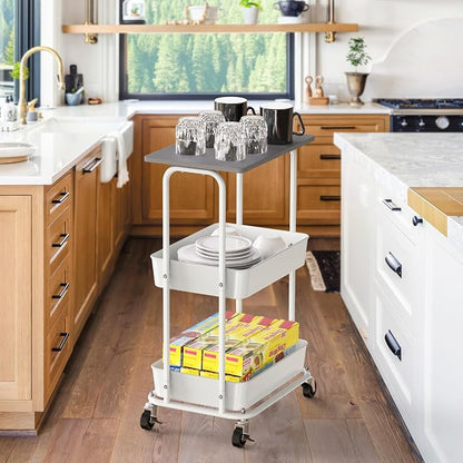 Simple Houseware 2-Tier Rolling Utility Cart with Lockable Wheels and Wood Top, Metal Storage Organizer Trolley for Kitchen, Bathroom, Office, Craft Room, Grey