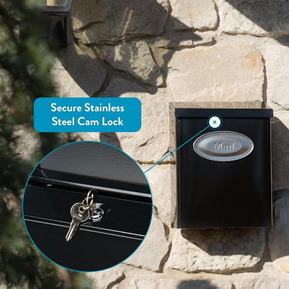 Architectural Mailboxes Designer Galvanized Steel, Locking Wall Mount Mailbox, Black with Satin Nickel