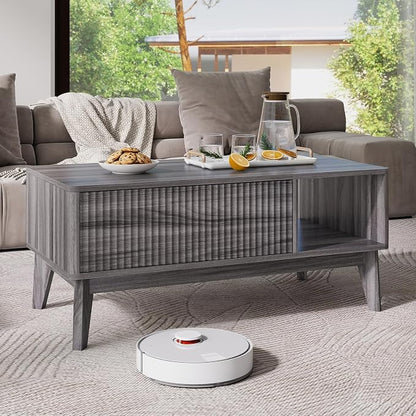LYNCOHOME Fluted Lift Top Coffee Table with Storage,Modern Center Table for Living Room, Home Office（Grey）