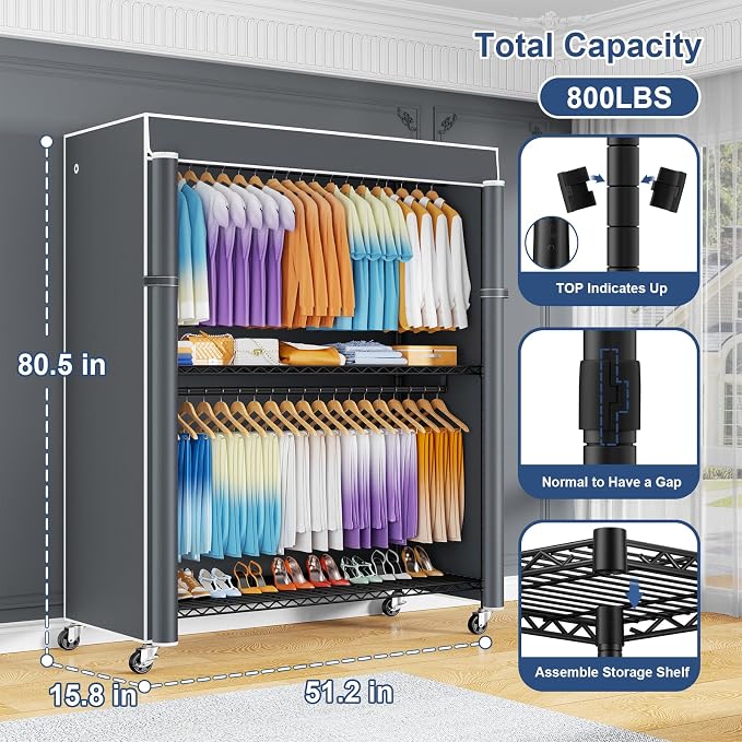 ULIFHOME P8C Max Heavy Duty Clothes Rack（With Extended Width Design） Rolling Clothing Racks for Hanging Clothes with Lockable Wheels，51.2" W x 15.8" D x 80.5" H，Load 800LBS，Black Rack with Grey Cover