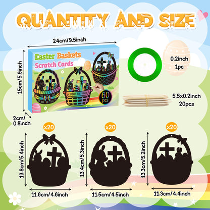 CY2SIDE 60PCS Religious Baskets with Egg Cross Scratch Card Gift Set DIY Christian Jesus is Risen Scratch Paper Craft for Kid Sunday School Activity Easter Bunny Magic Art Rainbow Color Paper Ornament