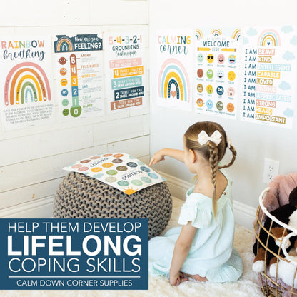 Hadley Designs 8 Calming Corner Posters for Classroom Must Haves - Calm Down Corner Supplies with Emotions Chart, School Counselor Mental Health Poster, Feelings Chart For Kids, Boho Classroom Decor
