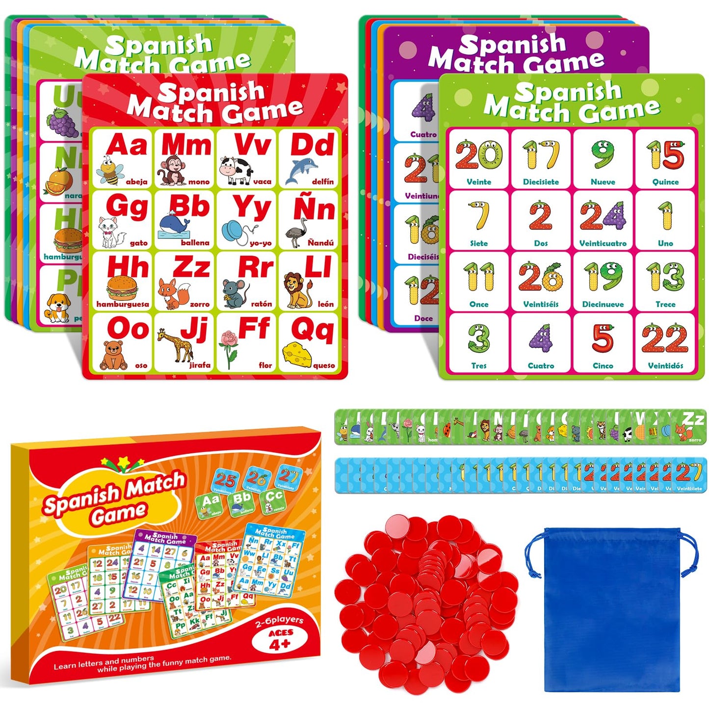 Quilinz Spanish Alphabet Bingo Games,Letter/Number/Sight Word for Kindergarten,ABC and 123 Bingo Board Match Games for Kids 4-6,Learn Spanish Flash Cards,Toddler Educational Toys
